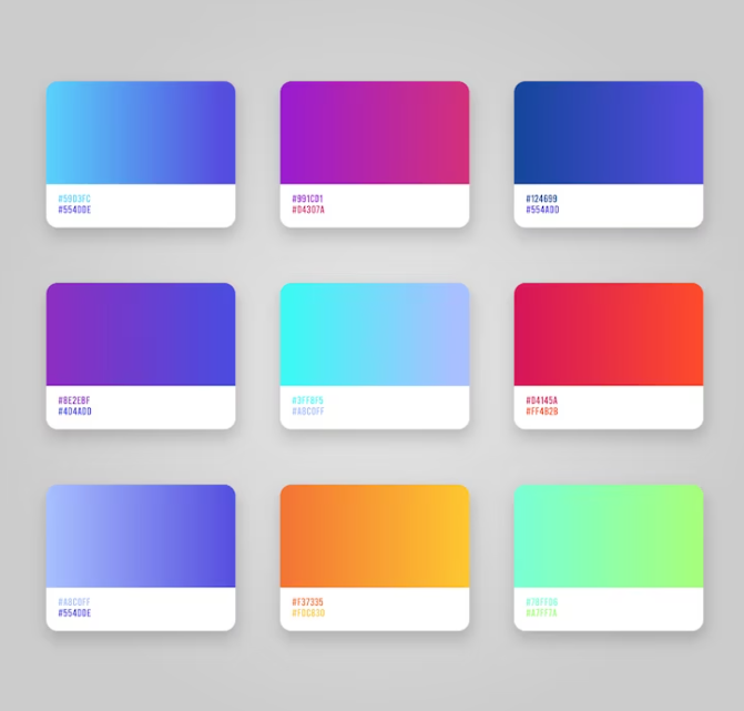 Nine gradient color swatches with hex codes on a gray background