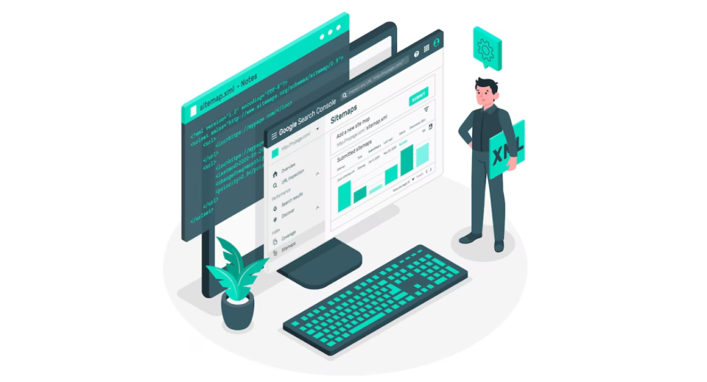 man with an XML board next to a computer screen displaying a sitemap and search console