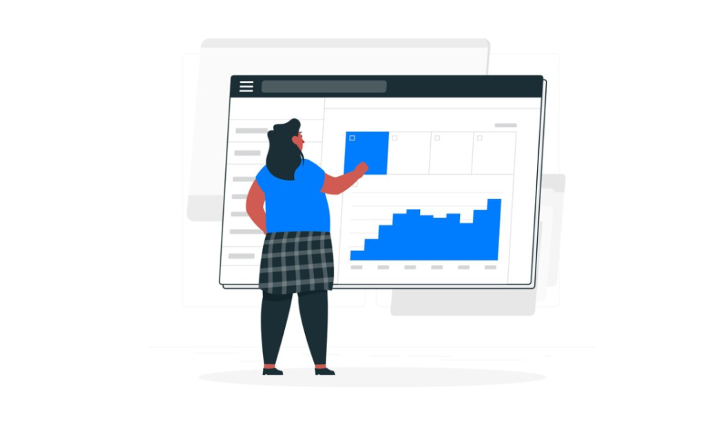 A woman analyzing data trends on a large bar chart screen with website analytics