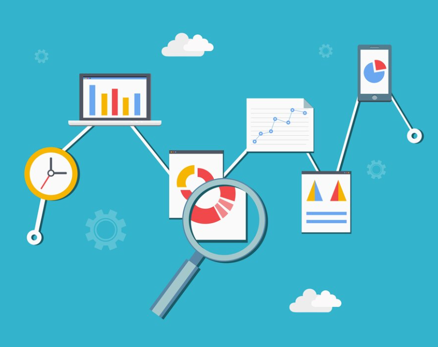 various analytics tools connected to a laptop, symbolizing website performance monitoring