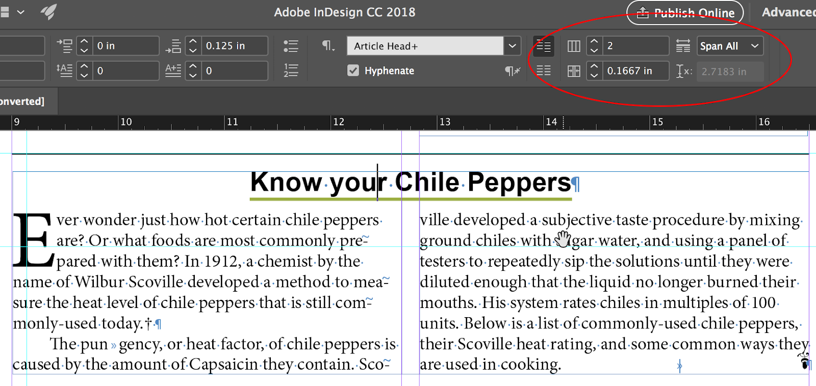 example of combining columns in Adobe InDesign