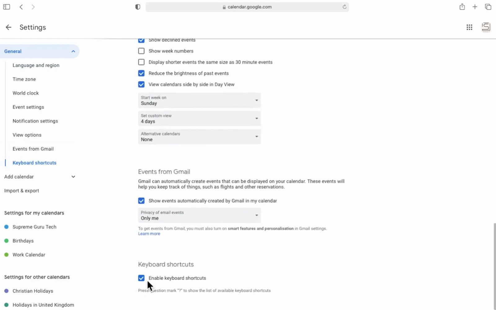 Google Calendar settings menu open on a desktop interface