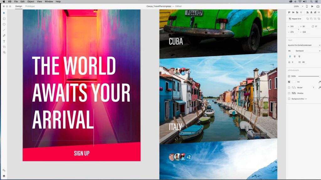 Adobe XD interface with a vibrant travel-themed design and image gallery