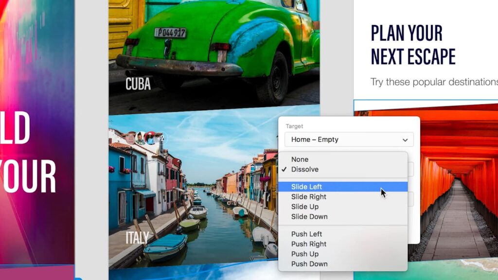 Adobe XD interface with a vibrant travel-themed design and image gallery