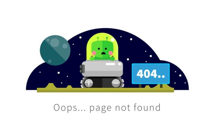 Cartoon rover on the moon with 404 error and "Oops" message